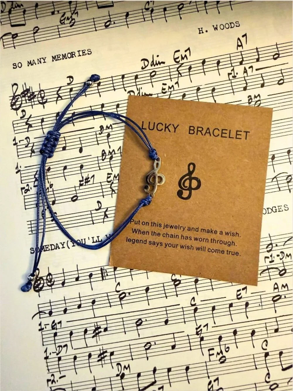 Music Wish Bracelet Stainless Steel Treble Clef Blue Woven Cord